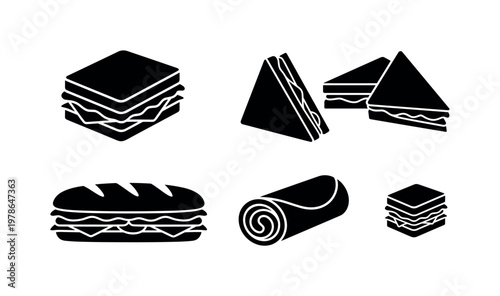 Sandwich whole layered rectangular form, sandwich half cut triangle pieces, baguette sandwich long filled shape, wrap sandwich