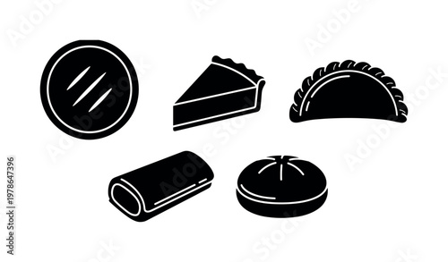 Savory pie round crust with vent cuts, quiche slice wedge form, filled pastry empanada half moon, sausage roll elongated shape,