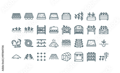 Seedling growing environments with soil trays greenhouse beds garden plots and cultivation spaces clean monoline outline icon set