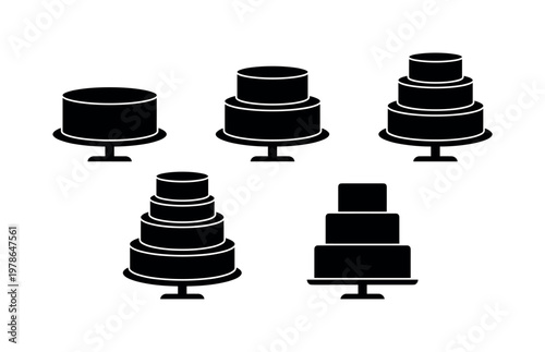 Wedding cakes in different tiers including single tier cake, two tier cake, three tier cake, tall multi tier cake, square wedding