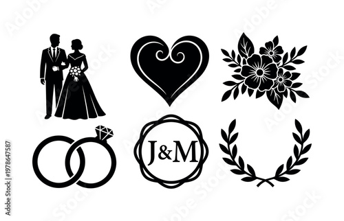 Wedding cake toppers including bride groom figurine, heart topper decoration, floral topper cluster, ring topper symbol, monogram