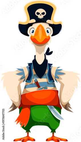 Cartoon goose boatswain pirate bird character in large hat and blue striped clothes, knife tucked into belt while wings rest on its sides. Cartoon vector corsair goose mascot ready for sea adventures