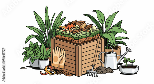 Illustration of gardening tools and potted plants surrounding a wooden compost bin with a natural, earthy atmosphere conveying an eco-friendly lifestyle.