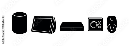 Smart speaker cylindrical voice assistant device, compact smart display with touch screen, rectangular smart hub controller unit,