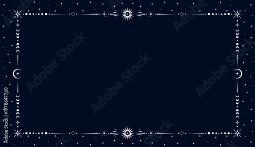 Mystic esoteric celestial frame. Vector mystical border, adorned with golden stars, suns, moons and lines. Boho style magical, astrological background with golden space symbols, decorative empty frame