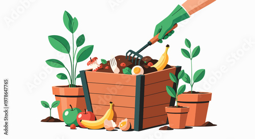 A person's hand in a green glove adding organic waste to a wooden compost bin surrounded by potted plants and fruit on a clean white background, representing an eco friendly lifestyle.