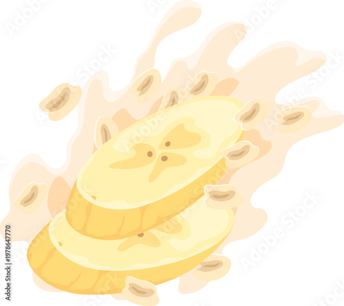 Cartoon oatmeal grains with milk splash and banana fruit slices. Vector scattered oat grains, isolated breakfast food. Creamy cereal pieces with dynamic splash, fresh morning nutrition, healthy eating