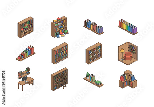 Collection of isometric illustrations depicting various bookshelves and reading nooks