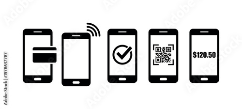 Smartphone with wallet app open showing card shape, phone with tap to pay wave symbol, mobile device displaying payment