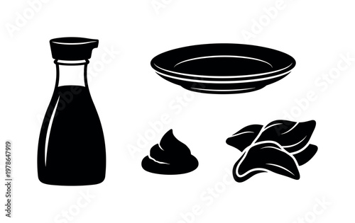 Soy sauce bottle narrow neck dispenser, soy sauce dish shallow round plate, wasabi mound small cone shape, pickled ginger slices