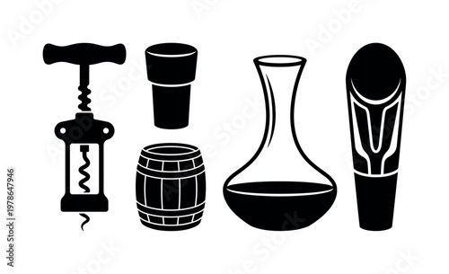 Wine accessories including corkscrew opener, wine cork stopper, wine decanter glass, wine barrel small, wine pouring aerator, bold