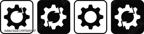 Gear settings icon set with rotation symbols in flat and outline styles for system configuration and process design