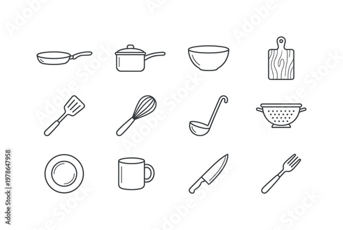 A kitchenware scene with a frying pan, saucepan, mixing bowl, cutting board, spatula, whisk, ladle, colander, plate, cup, knife,