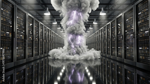 Cloud Computing Storm Surge Inside Data Center Hall Representing System Failure Risk Power Outage and Critical Infrastructure Vulnerability for Security Awareness