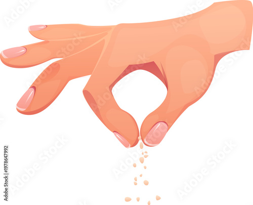 Hand sprinkling salt between fingers during cooking process. Close up of human hand gesture with seasoning grains falling down. Isolated cartoon vector food preparation and kitchen action stage