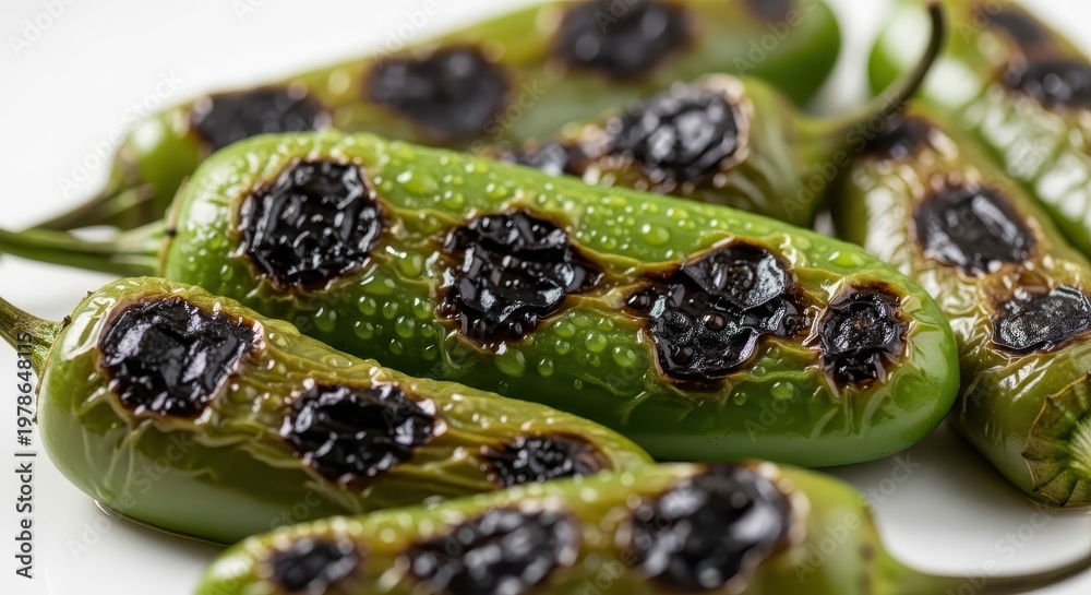 Fototapeta premium Grilled jalapeno peppers are arranged together on a bright white surface.