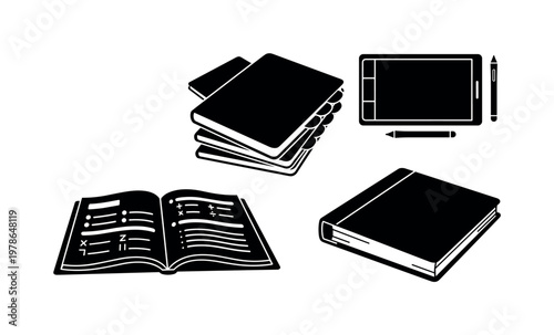 Stack of study notebooks with tabs, open workbook with exercises, pen tablet for digital writing, stylus pen for annotations, ring