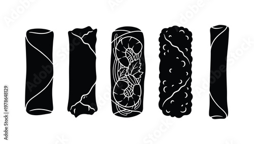 Spring rolls cylindrical wrapped form, fried spring rolls crispy ends shape, fresh summer rolls translucent wrap, egg rolls thick