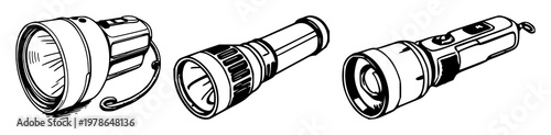 Flashlight set with hand-inked line art featuring vintage torch, ink strokes, black lines with white background and illustration