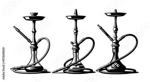 Three traditional hookahs with hose and bowl