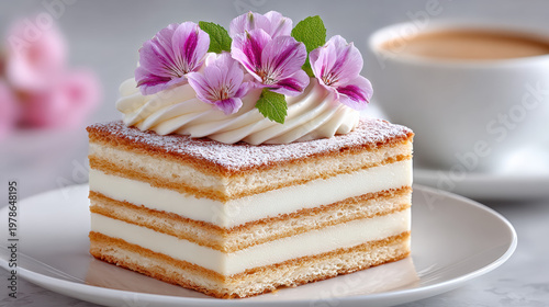 Edible flowers in dessert dishes, Mille-feuille pastry with edible flowers layered between crisp puff pastry sheets.