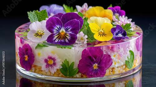 Edible flowers in dessert dishes, Mirror glaze cake decorated with edible flowers and glossy reflective surface.