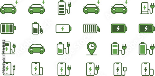 Charging station icon set with electric vehicle charger, battery levels, phone and power bank indicators and wireless charging symbols