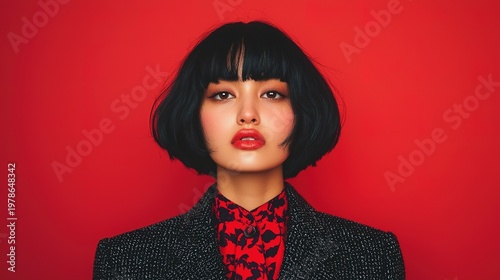 Modern textured french bob fashion editorial chaos in vibrant red studio environment high-impact visuals
