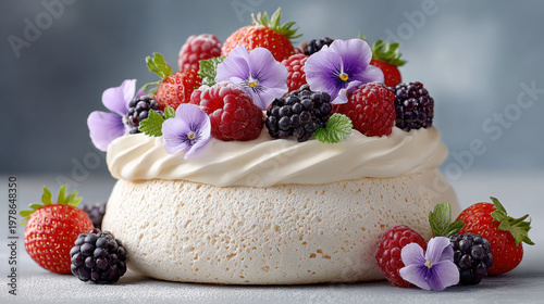 Edible flowers in dessert dishes, Pavlova dessert topped with whipped cream, berries, and edible flowers.