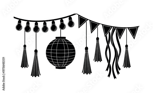 Hanging string lights bulbs line strand, wedding bunting flags triangle garland, paper lantern round hanging decor, tassel garland