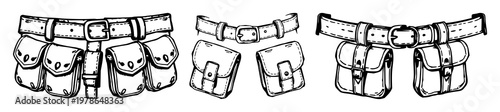 Rough sketchy art set with vintage leather belt featuring pouches, buckles, and worn material with hand-drawn style and white background