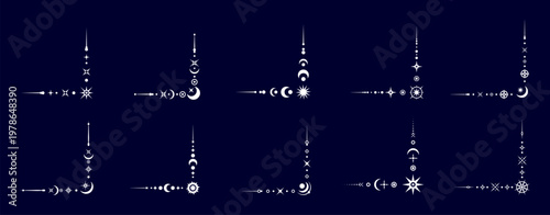 Magic mystic celestial border corners. Elegant vector corner frames in gold. Mystical moon, sun, and stars for tarot cards, astrology themes, spiritual branding, witchcraft, horoscope layout