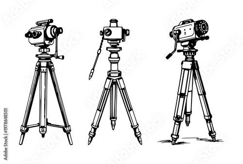 Antique surveyor's tripod set with hand-inked line art featuring vintage, architectural, measurement instruments with antique and surveying