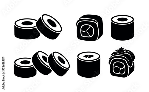 Maki sushi roll sliced round pieces, california roll with filling center, tuna roll simple cylindrical form, cucumber roll slim