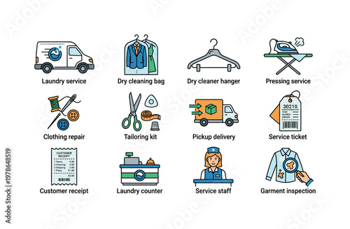 Professional laundry services with laundry service van, dry cleaning bag, dry cleaner hanger, pressing service, clothing repair,