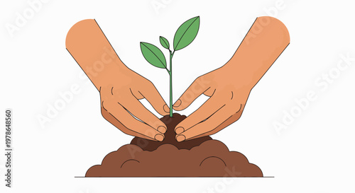 An eco-friendly lifestyle illustration of two hands nurturing a young plant growing out of soil against a clean white background with a natural and serene mood.