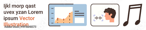 Data analytics, voice recognition, AI, sound analysis, music apps, tech innovation. Bar graph, person with sound waves musical notes. Data analytics and voice recognition concept