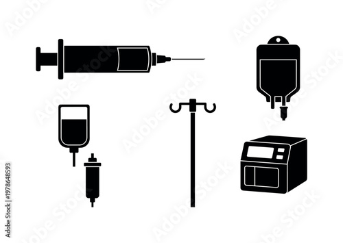 Syringe injection tool with plunger, hypodermic needle thin sharp tip, IV drip bag hanging form, IV stand pole with hooks,
