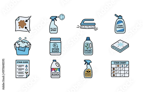 Laundry stain treatment with stain spot icon, pre treat spray, scrub brush, stain remover bottle, soaking bucket, oxygen bleach,