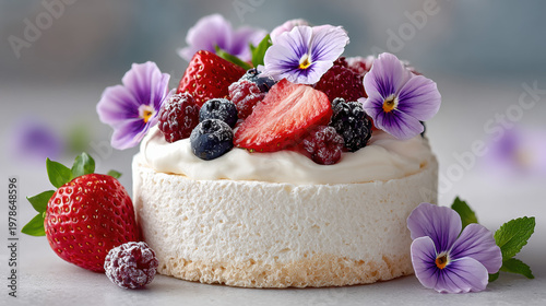 Edible flowers in dessert dishes, Pavlova dessert topped with whipped cream, berries, and edible flowers on plate