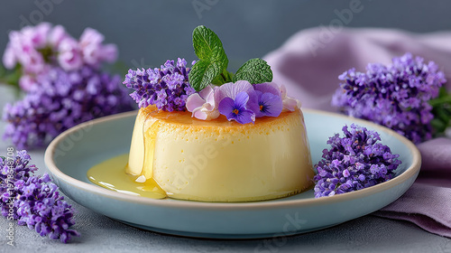 Edible flowers in dessert dishes, Pudding topped with edible lavender flowers in soft focus macro photography.