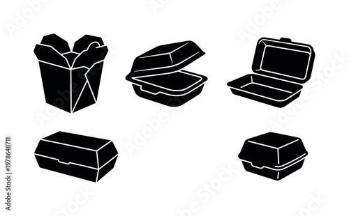 Takeout food box folded top flaps, clamshell food container hinged lid, tray food container open flat form, paper food box