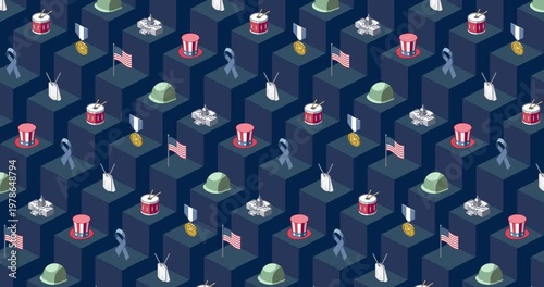 Colorful veteran's day and memorial day isometric loop animation on dark blue geometric background