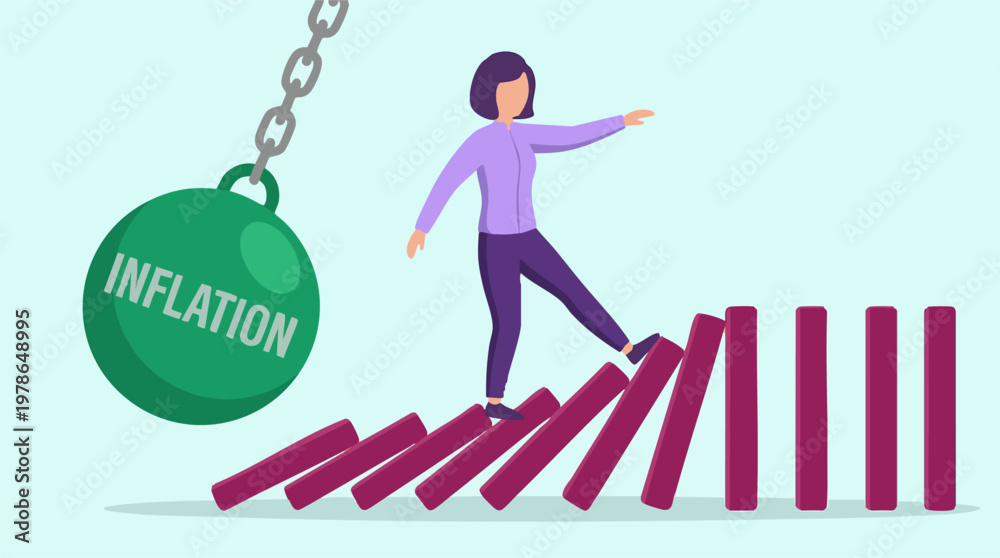 Fototapeta premium Economic instability concept: Woman balancing on falling dominoes due to inflation