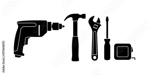 Electric drill handheld tool with grip, claw hammer simple head shape, adjustable wrench angled jaw tool, screwdriver straight