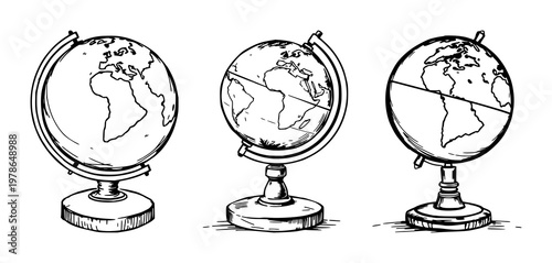 Old world globe set with rough sketchy art and wooden stand featuring cartography, education, travel with geography and exploration