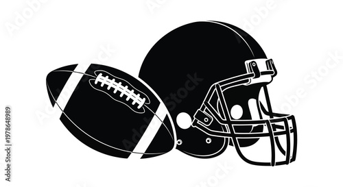 American football helmet and ball in a black and white silhouette