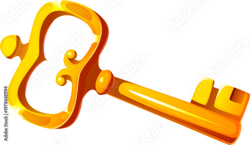 Pirate golden key of Caribbean corsairs treasure chest, cartoon vector game icon. Old golden key of secret vault or treasure box lock of captain ship storage for seafaring and marine pirate icon