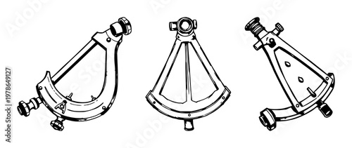 Antique maritime sextant set with rough sketchy art featuring nautical, compass, antique instruments with line art and illustration