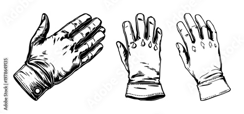 Glove set with hand-inked organic art featuring single, worn, leather with vintage and traditional